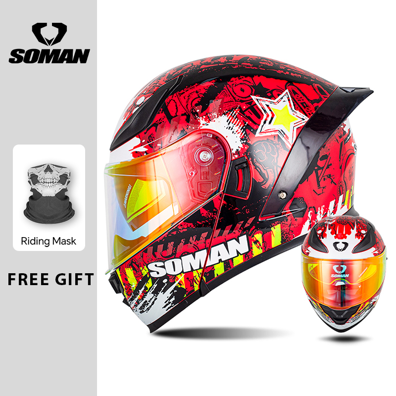 Dual Visor Motorcycle Racing Helmet - Kask motocyklowy SOMAN Modular Flip Full